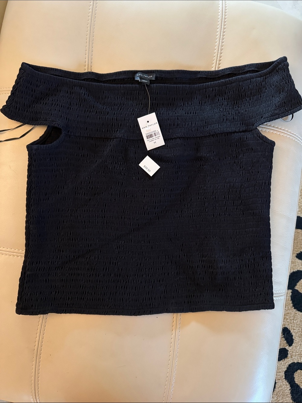 Ann Taylor Black Smocked Off-Shoulder Top